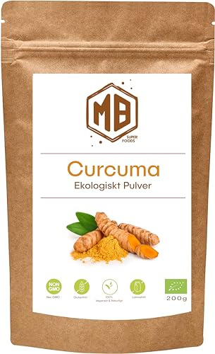 MB Superfoods Ren & Naturlig Gurkmejapulver, 200g - certifierat, veganskt, GMO-fritt, perfekt för matlagning och bakning, högt innehåll av curcumin, gurkmejatillskott för dryck - Thames Organic.