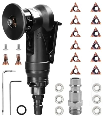 Mini máquina de biselado neumática, portátil de mano de arco de 45 grados con cuchillas de repuesto para desbarbado de biselado de metal (6 insertos R + 6 insertos C + 6 rodamientos)