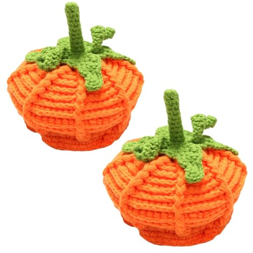 Lezevn 2Pcs Knitted Halloween Pumpkin Hats - Baby Knit Crochet Hats for Halloween Photo Props