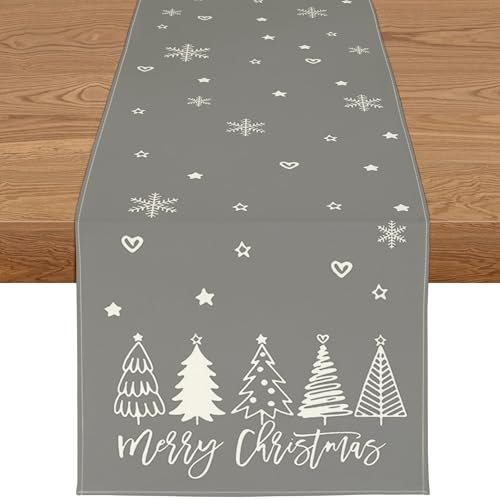 YCOLL Weihnachtsdeko Tisch Tischläufer Weihnachten Tischläufer Grau Winter Wasserabweisend Tischläufer Modern Weihnachtstischläufer für Drinnen und Draußen Party Küche Esstisch Dekoration