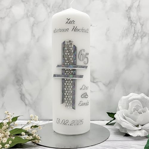 Eiserne Hochzeit Kerze EH-09 inkl. Namen und Datum HANDVERZIERT - Geschenkverpackung/Kerzenständer optional