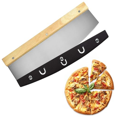 Tagliapizza a Mezzaluna con Doppio Manico, Coltello Pizza in Acciaio Inox da 32 cm, con manico in legno e copertura protettiva per un taglio veloce e uniformeTaglierina per pizza professionale
