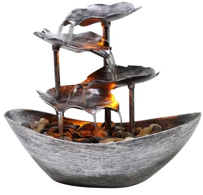 Fontana da tavolo - Piccola fontana a cascata a 4 livelli con decorazioni per fontana da interni in foglia di loto | Ornamento a cascata per scrivania, pompa fontana da tavolo USB automatica con
