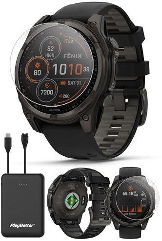 PlayBetter Garmin Fenix 8 Solar Sapphire (47mm, Carbon Gray DLC Titanium) Multisport GPS Smartwatch Bundle - 1.4” Touchscreen, Built-in LED Flashlight Portable Charger & Screen Protectors