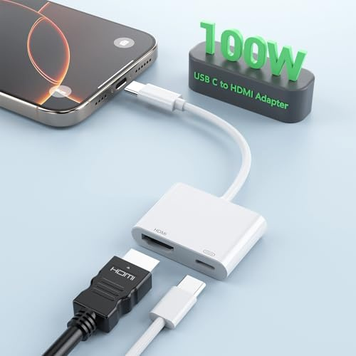 USB-C auf HDMI Adapter für iPhone 16/15, Typ-C-auf-4K-HDMI-Adapter mit 100-W-Schnellladeanschluss für iPhone 16/16 Plus/16 Pro/16 Pro Max/15 Pro Max zu HDTV-Projektor-Monitor, MacBook Pro Air iPad Pro