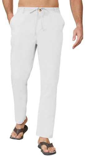 Yutdeng Pantalones Largos Verano Hombre Pantalón Lino Ligeros Casual Pantalon Verano Hombre Largo con Bolsillos Yoga Playa Algodon y Lino Pantalones Anchos Cintura Elástico con Cordón,Blanco,L