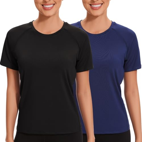 AMZSPORT Maglia Sportiva Donna T-Shirt Trekking Maniche Corte Maglietta Palestra Fitness Estiva, Confezione da 2 Pezzi Nero Blu Navy XL