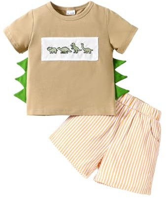 LUVCES Conjunto Ropa con Estampado Dinosaurios para Bebés Niños Manga Corta Camiseta top Pantalones Cortos 2 Piezas Lindos Conjuntos de Verano Dinosaurio caqui 12-18 Meses