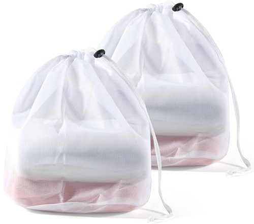 Elalove 2 Filets à Linge 30x40 cm, Sacs à Linge Réutilisables en Maille Fine avec Cordon de Serrage pour sous-Vêtements, Chaussettes et Vêtements Délicats, Blanc