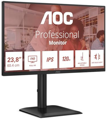 AOC Monitor 24E4U da 24 pollici FHD, 120 Hz, IPS, 1 ms MPRT, sincronizzazione adattiva, modalità HDR, regolazione dell'altezza (1920 x 1080, HDMI 1x 1.4, DP 1x 1.2, USB Hub) Nero