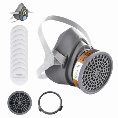 Halb Gesicht Staubmaske Set Filter für Dämpfe, Sand, Asbest, Gas, Säure und Ammoniak mit Schutzbrille, Partikelschutzfiltern Lackierer Masken und mehr (Mini Grau + 10 Filterwatte)
