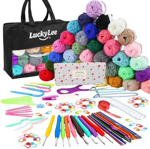 Crochet Yarn Double Knitting Wool (6X50g), Multicoloured Acrylic Yarn Crochet Wool with Aluminum Crochet Hooks Stitch Markers for DIY Craft Blankets Socks Dolls (Rainbow 36pcs)