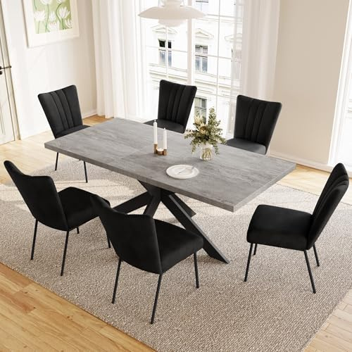 JIEXI Set med utdragbart matbord och stolar, modernt matbord med förlängning på 4–6-sits, MDF-platta lämplig för vardagsrum, kök (130–170 cm bord + 6 svarta stolar – B)
