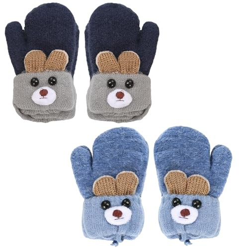Werownsgso 2 Paar Baby Fäustlinge 1-3 Jahre Baby Handschuhe Winter Cartoon Warme Weiche Kleinkind Strickhandschuhe Full Finger Babyfäustlinge mit Schnu für Kinder Jungen Mädchen