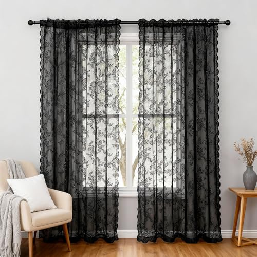 NAKIHOUSE Lace Voile Curtain, 108 Drop Black Lace Net Curtains for Windows | Slot Top Light Filtering Floral Sheer Curtains for Living Room Bedroom Closet Door Kitchen Bathroom W52xL108 Inch (132x274cm)