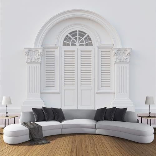 Papel Tapiz Fotográfico 3D Contraventanas Madera Tallada 350 × 256 cm Papel Pintado Panorámico, Murales Decoración Pared Textura Arquitectónica Europea Para Cuarto De Niño, Salón, Oficina - Blanco