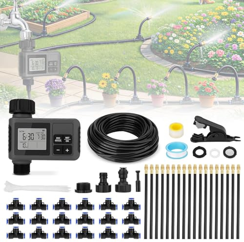 66FT Drip Irrigation Kit with Timer, Automatic Garden Watering System with Flexible 360° Bendable Hose & Adjustable Emitters, Drip Irrigation System for Greenhouse, Yard, Flower Bed, Lawn & Plants