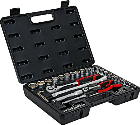 STIER Steckschlüsselsatz, 54 teilig, 1/4 Zoll und 1/2 Zoll, Schraubenschlüssel und Bits, Bitsatz, Ratschenschlüsselset, Steckschlüssel, Ratsche, Bit Set