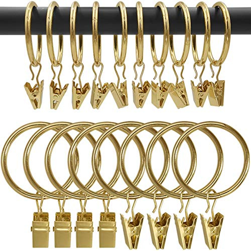 Amzseven Lot de 100 anneaux de rideaux en métal avec clips, clips de draperie, crochets décoratifs pour tringle à rideau avec œillets de 3,8 cm de diamètre intérieur, antirouille couleur or