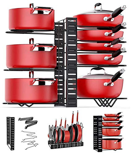 ARVINKEY Organizer per pentole, 8 ripiani, per armadietti, supporti regolabili per coperchi e padelle con 3 metodi fai da te per bancone della cucina