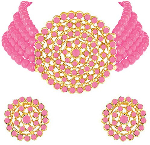 Aheli Pearl Diamond Choker Necklace with Round Earrings Gift for Women Indian Traditional Bollywood Fashion Bharatanatyam jewellery Set (Pink)