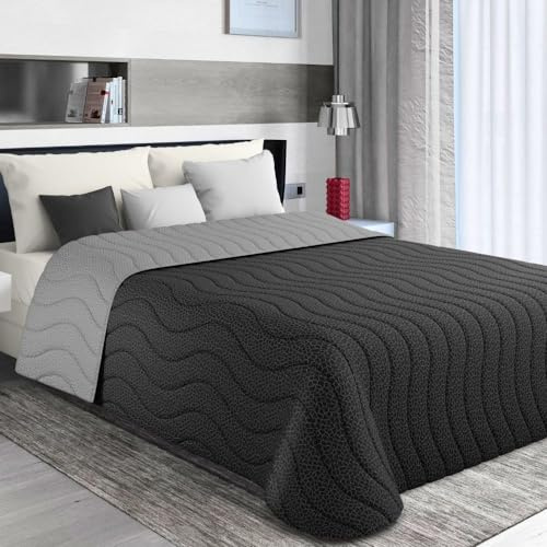 MAXIME MAISON - Dessus de Lit 2 Personnes 240x260 (100 GR/mq) Couvre Lit 2 Personnes 240x260, Couverture Lit, Dessus de Lits et Couvre-Lits, Jeté de Lit Double Face (Noir/Gris)