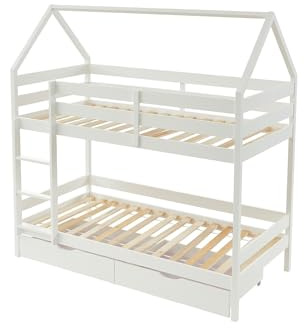 Vente-unique - Lits superposés cabane 2 x 90 x 190 cm - 2 tiroirs - Pin - Blanc - CHORI - pour Enfant