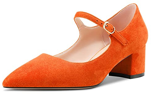 Aachcol Femmes Escarpins Mary Jane Pointu Bout Lanières Cheville Bloc Chunky Mi Bas Talon Heel Dress Chaussures Suède Mariage Shopping Orange 5 CM 39 EU