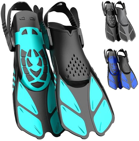 Lealinga Snorkel Fins, Swim Fins Flippers Adult Adjustable Snorkeling Diving for Adult Men Women Unisex, Travel Size Open Heel Swimming Flippers Training Fins with Mesh Bag