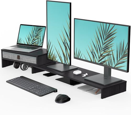 Fenge Dual Monitor Stand with Drawer Computer Monitor Stand Riser - 2 Shelf with Adjustable Length and Angle, Wood Monitor Stands for 2 Monitors, Laptop PC, Computer, Printer, Desktop Organizer, Black