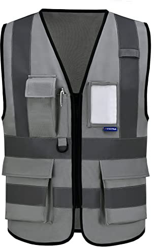 AYKRM Plusieurs Couleurs 7 Poches de Classe 2 Gilet de sécurité Haute visibilité Devant avec des Bandes réfléchissantes, Gilet Gris - Unisexe