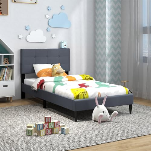 Giantex Twin Bed Frames for Kids, Modern Fabric Linen Upholstered Platform Bed Frame with Button Tufted Headboard and Wooden Slats, No Box Spring Needed, Kids Twin Bed for Boys Girls, Grey