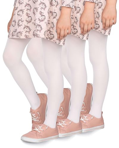 looksy 3er Pack Mädchen Weiße Strumpfhosen 40 DEN Blickdicht Einfarbig Mikrofaser Ballett Weich Elastisch Kinder Strümpfe Schuluniform Tanz, Bianco 122-128 cm