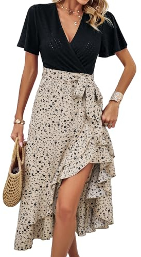 IFFEI Sommarklänning, dam, elegant, slits, boho, blomklänning, lätt, knälång, fritidsklänning med bälte, Aprikos, M