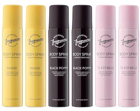 Designer Fragrances 6 Pack Assorted Aromas Bundle - Tu Est Belle, Daisy, Black Poppy - Women's Body Spray Deodorant Cans - For Instant Freshness on The Go - Long Lasting Smell, Great Gifts - 100ml
