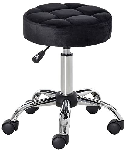 HOMCOM Salonstuhl mit Rädern Rollhocker höhenverstellbar drehbar Salon Hocker Samt-Touch Schaumstoff Chrom-Basis Schwarz 35 x 35 x 49-61 cm