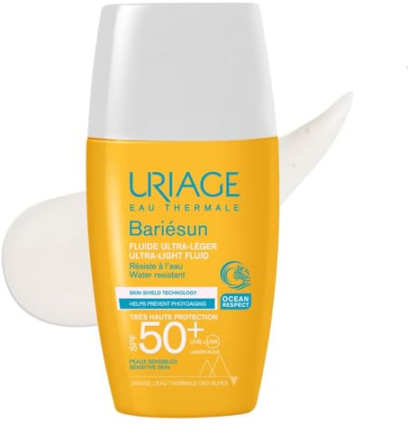 Uriage Bariesun Ultraleichtes Fluid LSF50+ mit Vitamin E - hoher Schutz vor UVA/UVB-Strahlung & blauem Licht - Taschenformat - nicht Komedogen - wasserfest - Parfümfrei - für empfindliche Haut - 30ml