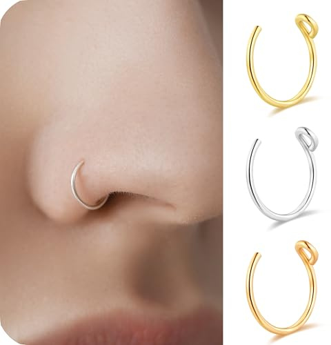 Set of 3 - Fake Clip On Nose Ring Hoop for Women - No Piercing Needed Nose Cuff - 22 Gauge - 7mm - Faux Nose Septum Ring - Gold, Sterling Silver, Rose Gold - 22g