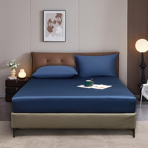 Luofanfei Spannbettlaken 180x200 Blau Marine Boxspringbett Frottee Glänzend Sommer Kühlend Bambus Microfaser Bettlaken Uni Spannbetttücher für Hohe Matratze bis 25-30 cm