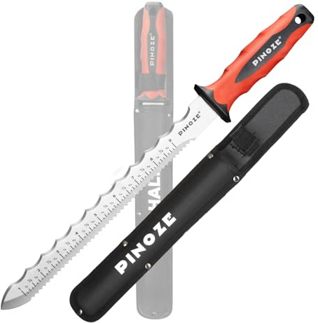 PINOZE 28cm Insulation Knife, Stainless Steel Blade Insulation Cutter w/Laser Scale, Dual-Side Serrated Duct Knife Tool with Sheath for Cutting Heat Material Foam/Rockwool/Styrofoam, Garden Sod Cutter