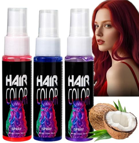 3pcs Temporary Hair Color Spray - Semi Permanent Red, Blue, Purple Dye - One Time Washable Vibrant Shades for Women