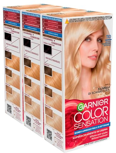 Garnier Color Sensation Colorazione Permanente in Crema Lunga Durata con Olio di Rosa Fino a 3 Livelli di Schiaritura Colore 110 Biondo Chiarissimo Naturale - 3 Tinte