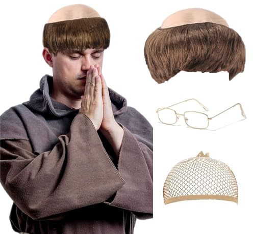 FOUNSHO Perruque Marron Bonnet Chauve en Latex, Hommes Perruque Moine Casquette Chauve Lunettes, Années 90Prêtre Déguisement Accessoires Fête Adultes Vieux Papi Cosplay Carnaval Halloween (Marron)