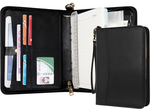 Wason A5 Portfolio Agenda con Anelli e Cerniera - Quaderno in Pelle PU con Blocco Note Staccabile e Ricaricabile, Blocco Legale per Organizzazione Aziendale, Studio e Viaggi (Nero)