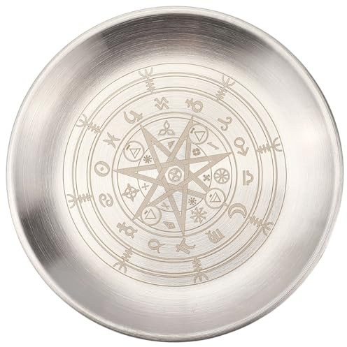 CREATCABIN Assiette Rituelle Constellation Bol Plat Acier Inoxydable Plateau Rond Argenté Bol D'Offrande Prière Plat Bougeoir Plat à Bijoux pour Purification Brûleur D'Encens Méditation 14x14cm