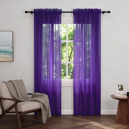 Zdada Net Curtains for Windows 84 Drop, Purple Voile Curtains 2 Panels | Slot Top Rod Pocket Semi Transparent Sheer Curtain Short Light Filtering Net Curtain for Living Room Kitcken W60 x L84 Inch