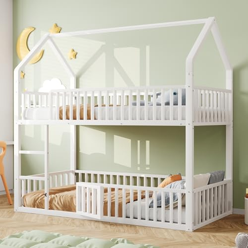Merax Lit superposé pour enfant 90 x 200 cm, en métal, avec escalier, cadre en forme de maison, lit inférieur avec porte pour ouvrir et fermer, blanc (sans matelas)