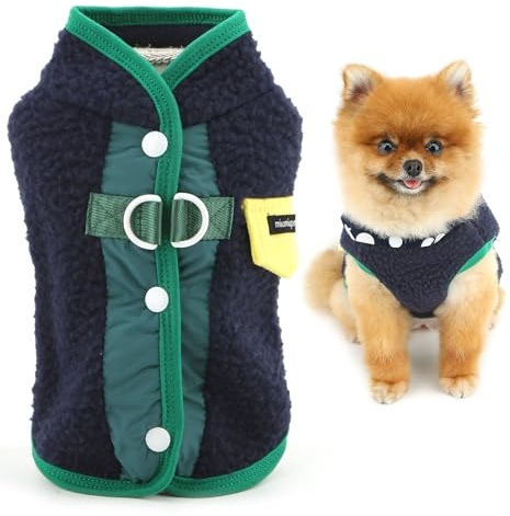 SMALLLEE_LUCKY_STORE luddig fleece hundtröja för extra små hundar lapptäcke varm valpväst kappa med dubbel D-ring polokrage vinter höst kläder för Chihuahua Yorkshire marinblå S