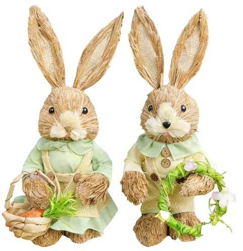 2 pezzi Figurine di coniglio pasquale Paglia, ornamenti coniglietti pasquali decorativi, statua di coniglio intrecciata in paglia con carota e ghirlanda, centrotavola pasquale primaverili decorazioni