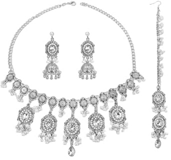 IMINI Indian Jewellery Set for Women, Antique Silver Choker Necklace & Jhumka Earrings - Wedding Head Chain Maang Tikka, Floral CZ & Pearl Tassel, Festive Ethnic Jewellery (Clear CZ)